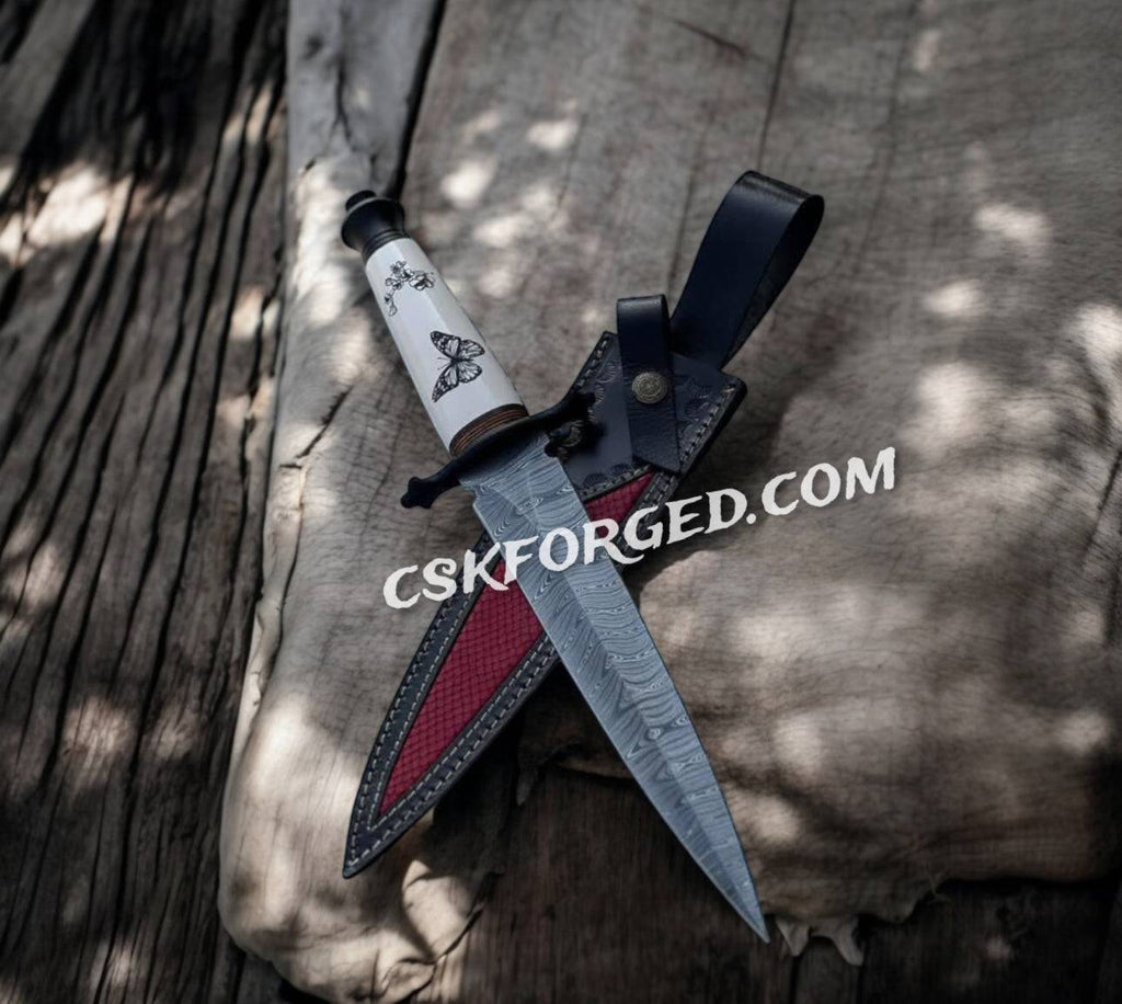 Hand-forged Damascus knight sword with black chrome accents, designed for bikers and battle enthusiasts by cskforged.