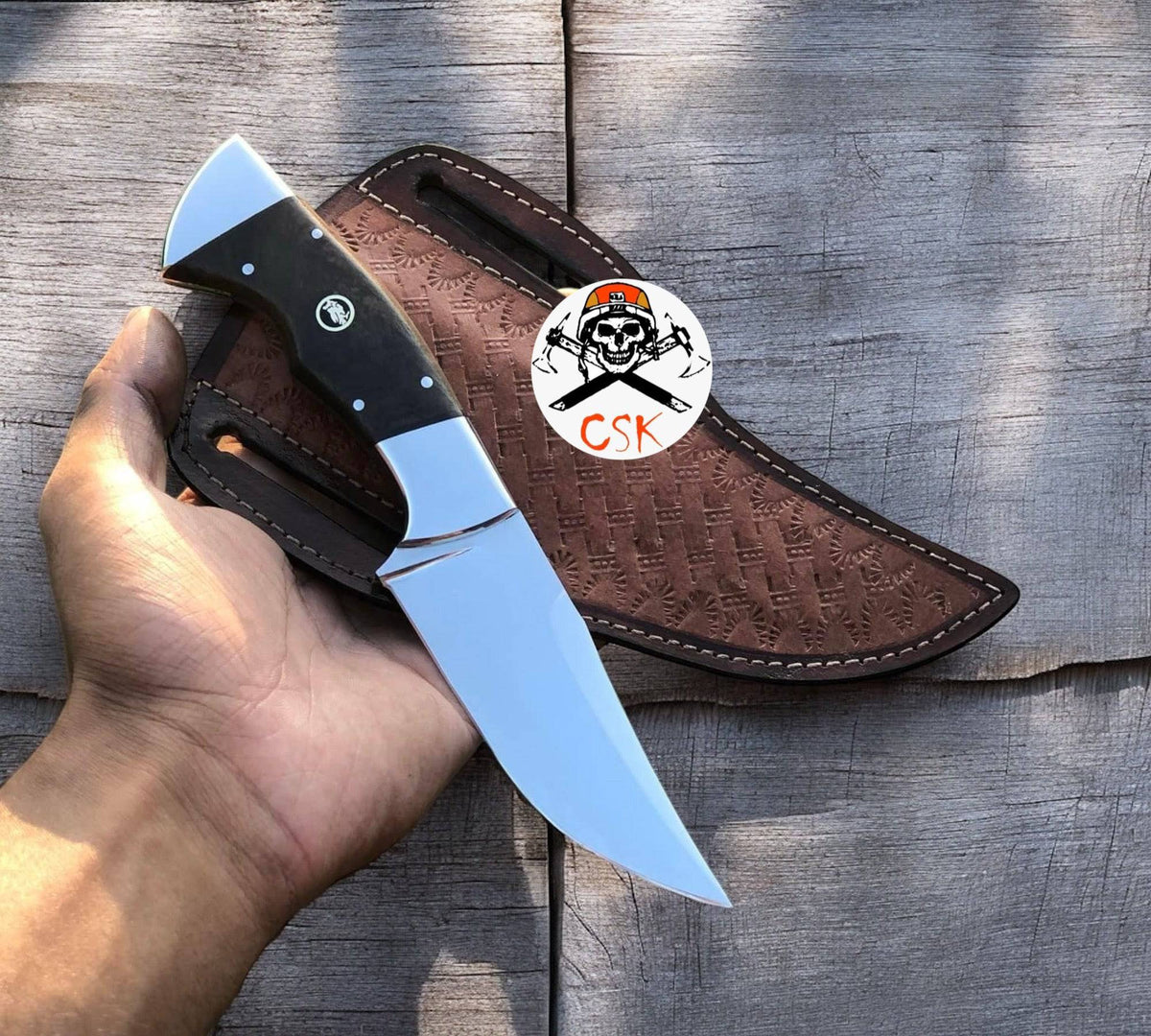 Ridgeback Ranger-Custom handcrafted J2 steel hunting knife with rosewood handle and steel bolster, designed for outdoor hunting.