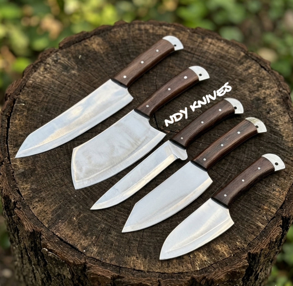 5-Piece J2 Stainless Kitchen Knife Set – Walnut Wood Handles