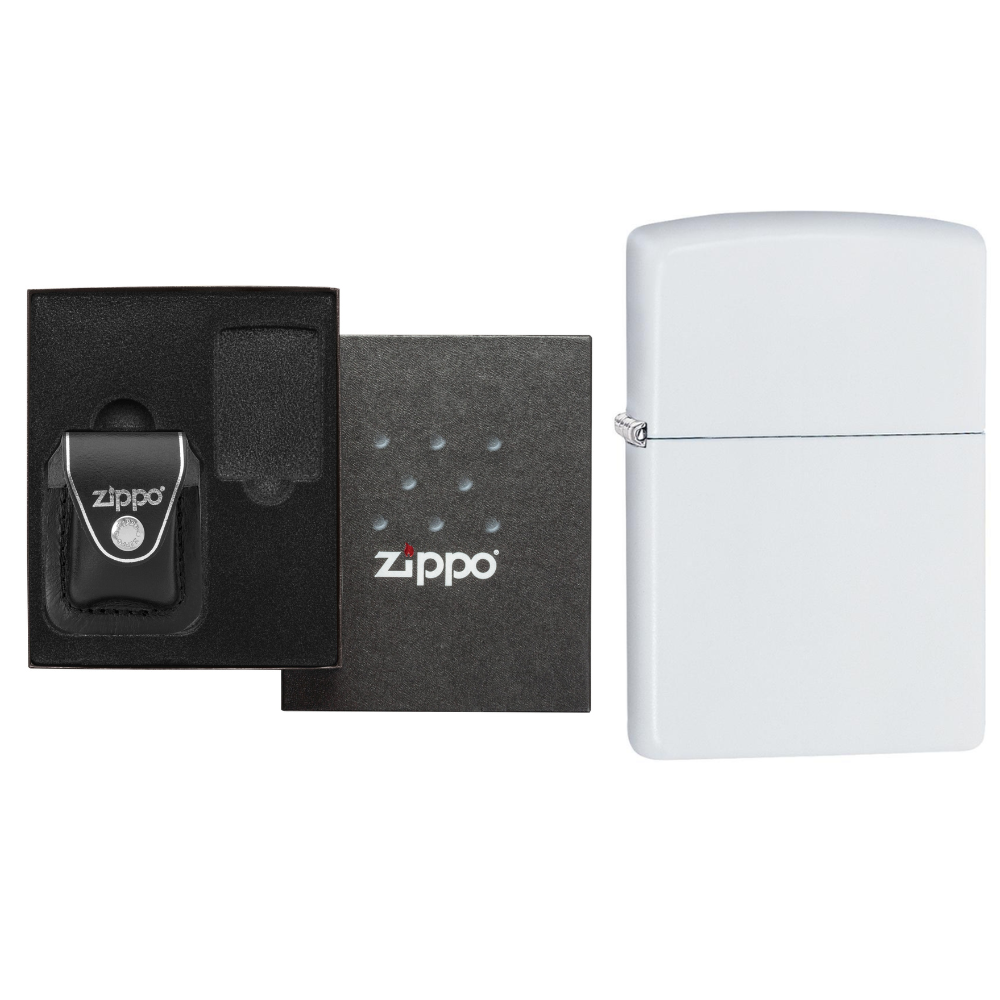 Zippo White Matte Custom & Leather Pouch Gift Set #LPGS-LPCBK-214