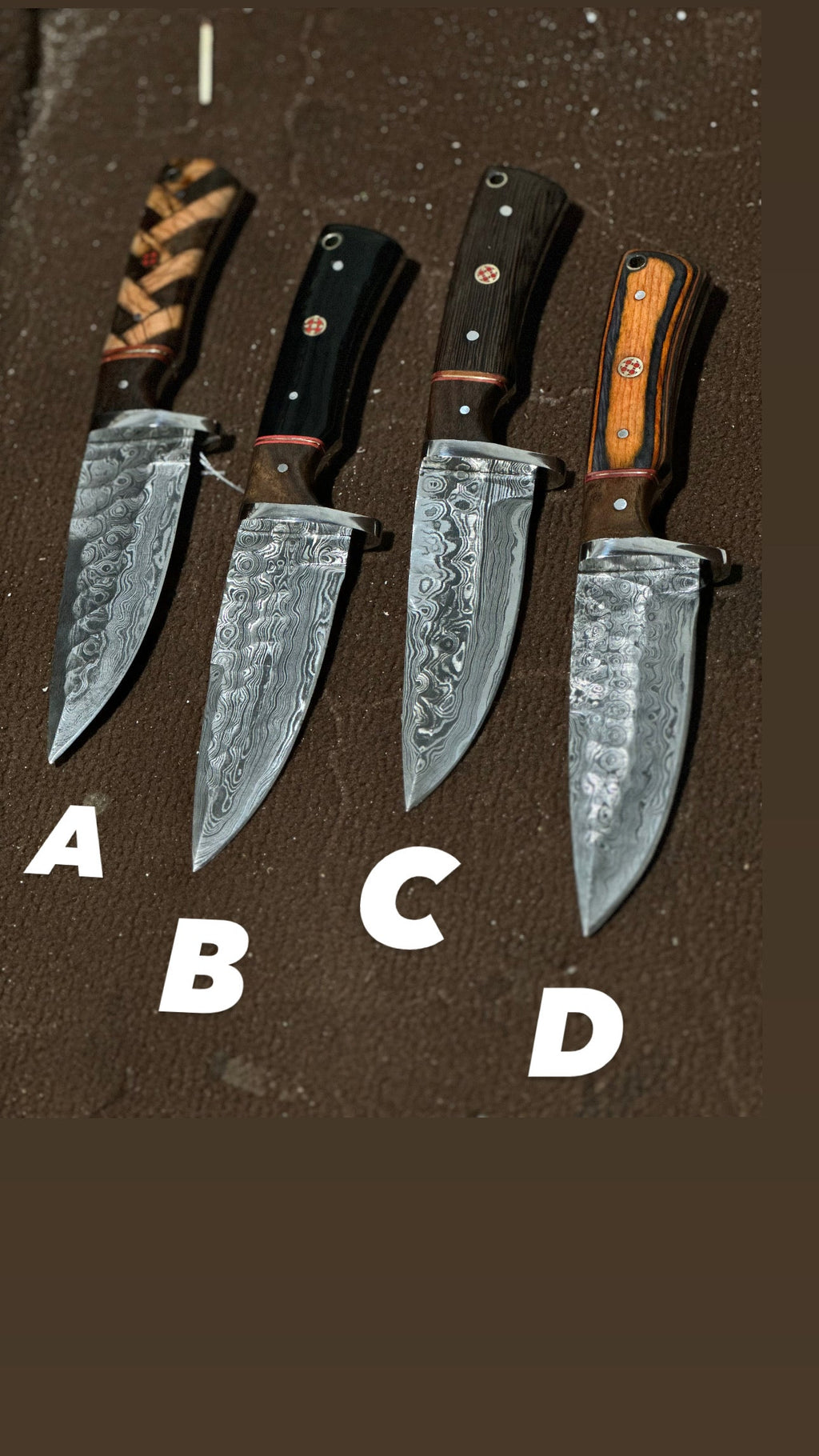 Hand-forged hunting knife with a wooden handle and sharp blade, crafted by Knives Gear Garage.