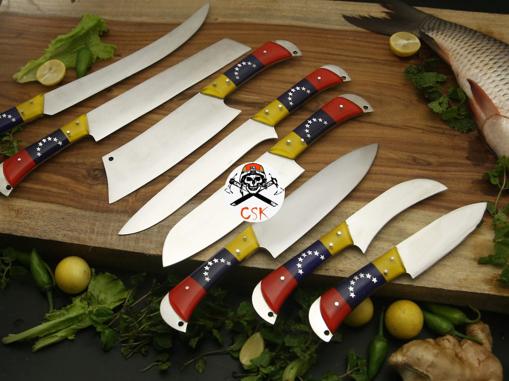 White steel Venezuela chef knife by cskforged with a sharp blade and ergonomic handle for precise slicing and chopping.