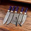Set of Knives Gear Garage kitchen knives with handmade Damascus steel blades, resin handles, steel bolsters, and leather roll kit.