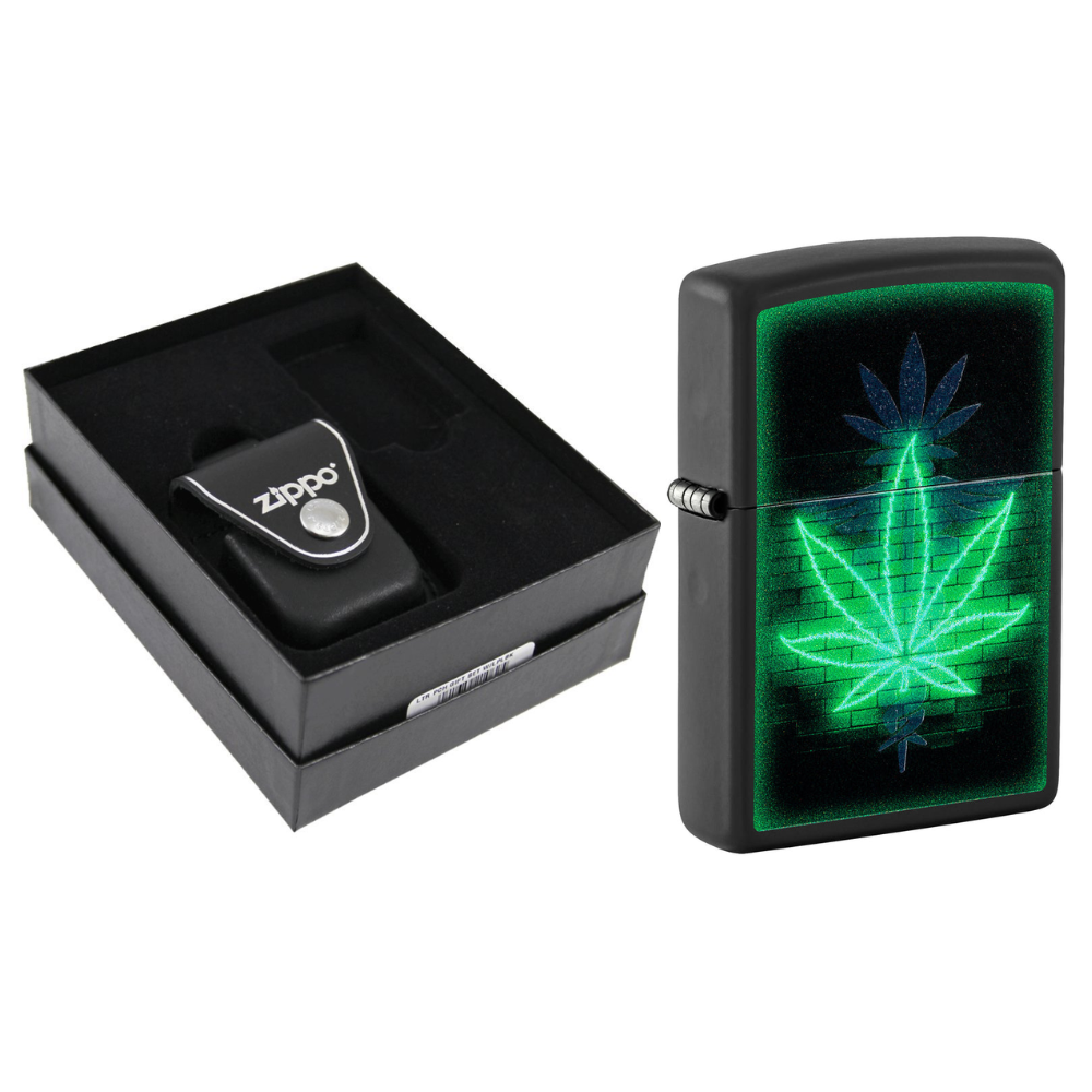 Zippo Blacklight Cannabis & Leather Pouch Gift Set #LPGS-LPLBK-46266