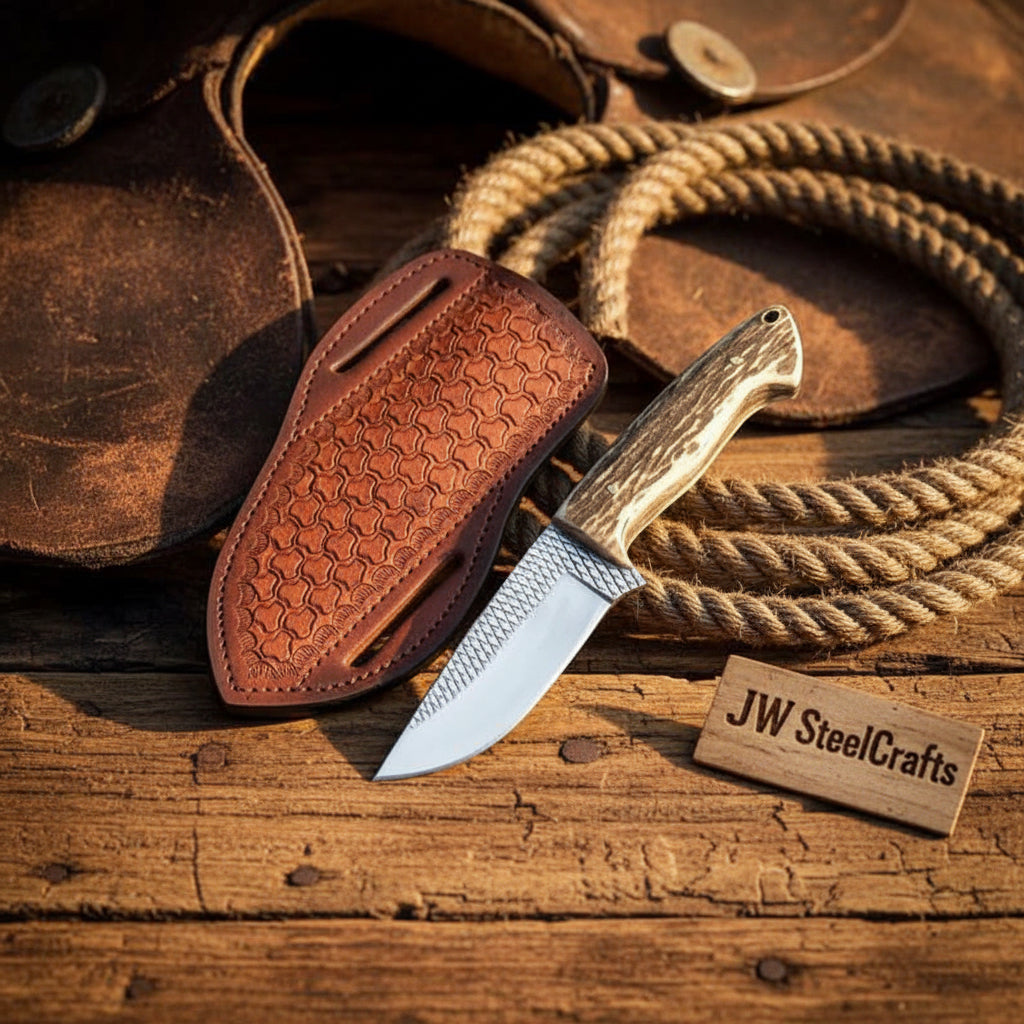 Rasp Steel Antler Cowboy Belt Knife with Tooled Sheath