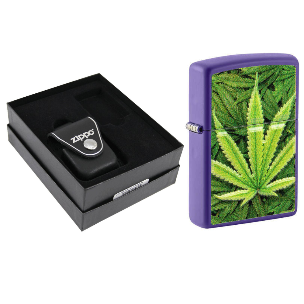 Zippo Textured Weed Leaf Purple Matte & Leather Pouch Gift Set #LPGS-LPLBK-49790