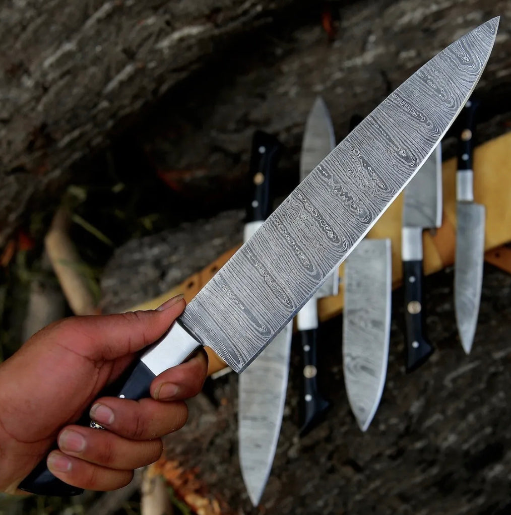 Knife Set for Kitchen – 13" Handmade Damascus Steel Chef Knife with Epoxy Resin Handle & Leather Sheath