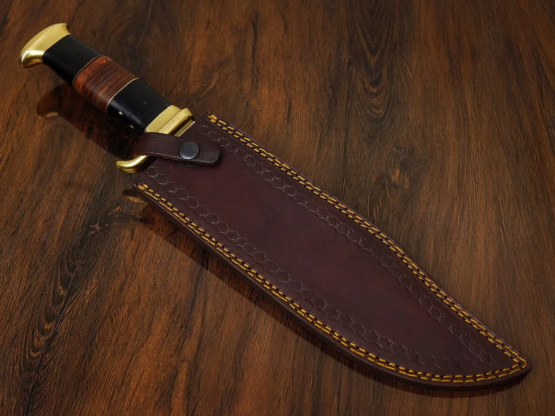 Premium 16-inch Crocodile Dundee Bowie Knife by Knives Gear Garage with buffalo horn handle, brass guard, leather sheath, handmade.