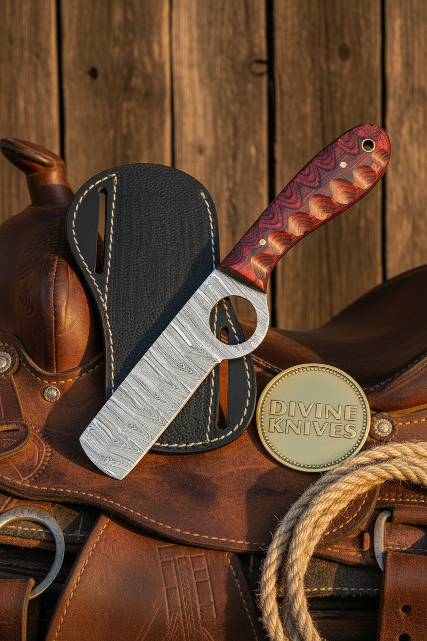 Red Scalloped Bull Cutter with Integrated Loop and Damascus Blade
