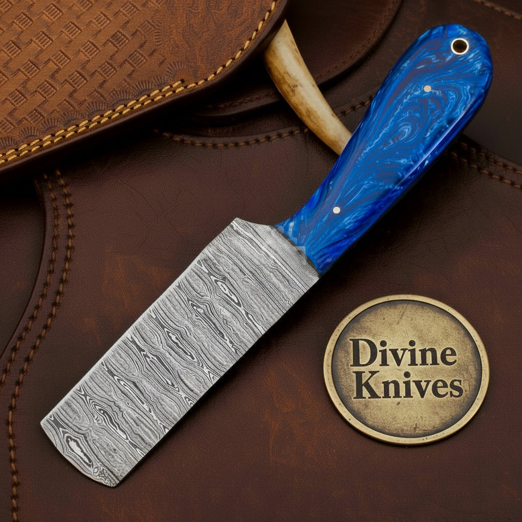 Hand-Forged Blue Resin Damascus Bull Cutter with Tooled Sheath