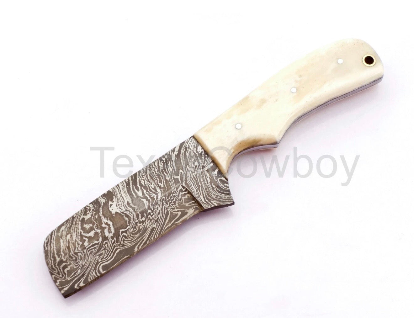 Damascus Camel Bone Tanto Bull Cutter with a Sharp Angular Point