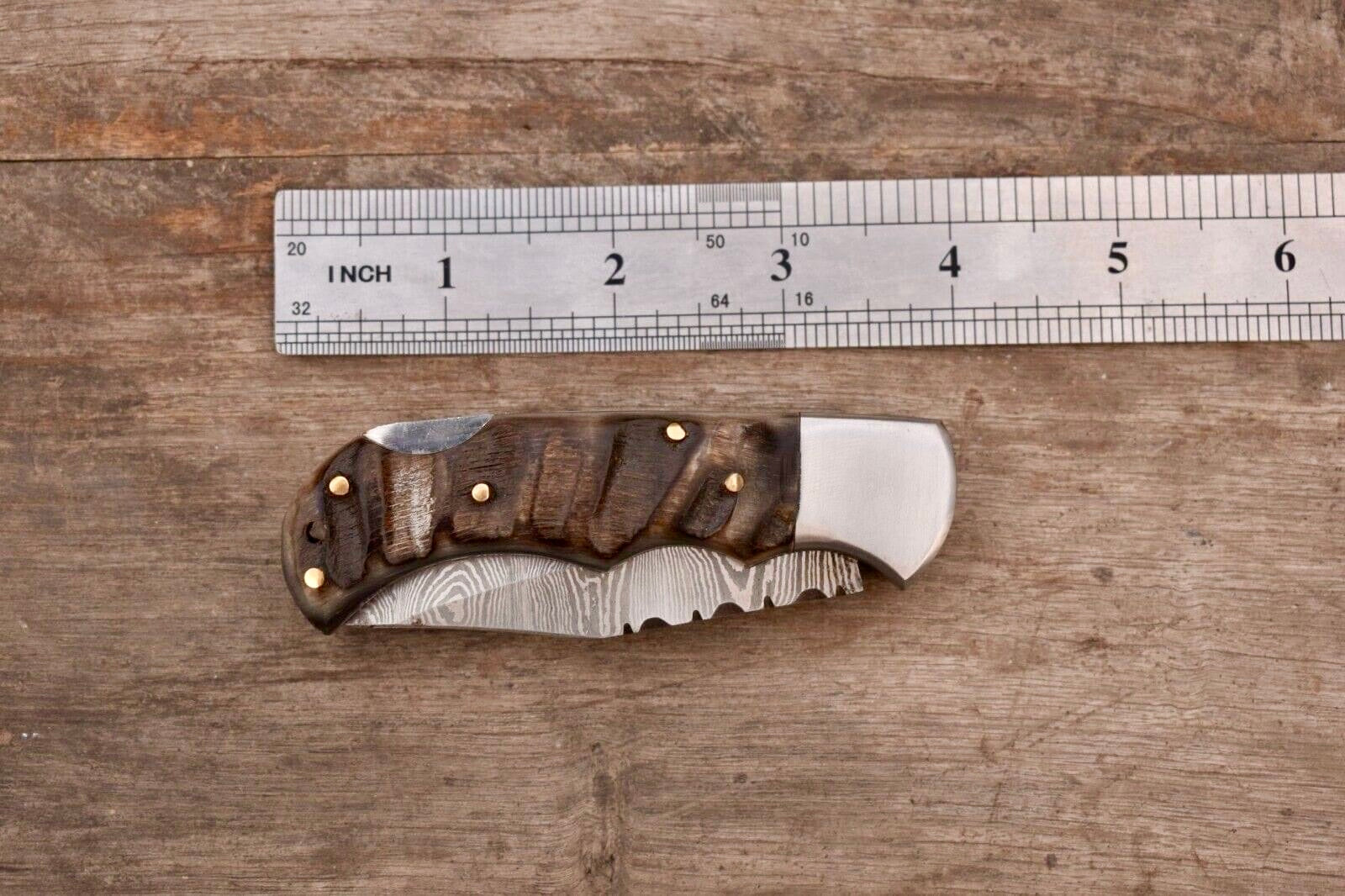 Handmade Damascus Steel Pocket Knife with Ram Horn Handle & Leather Sheath