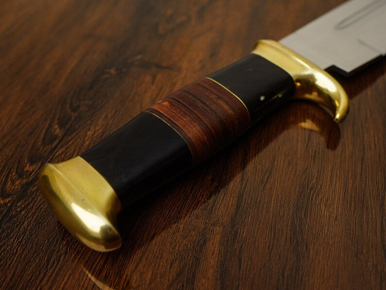 Premium Crocodile Dundee Bowie Knife by Knives Gear Garage, 16-inch steel blade with brass guard, buffalo horn handle, leather sheath