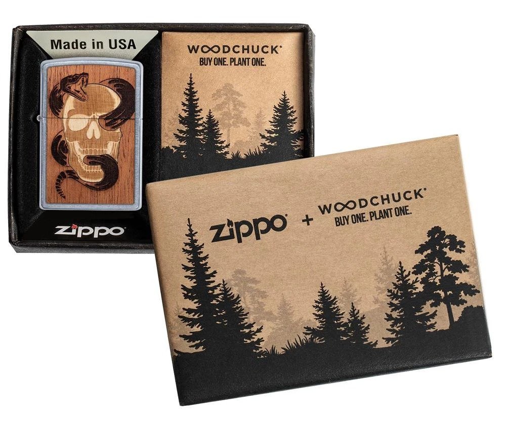 Zippo WOODCHUCK USA Skull & Snake 100% Real Wood, Street Chrome Lighter #49042