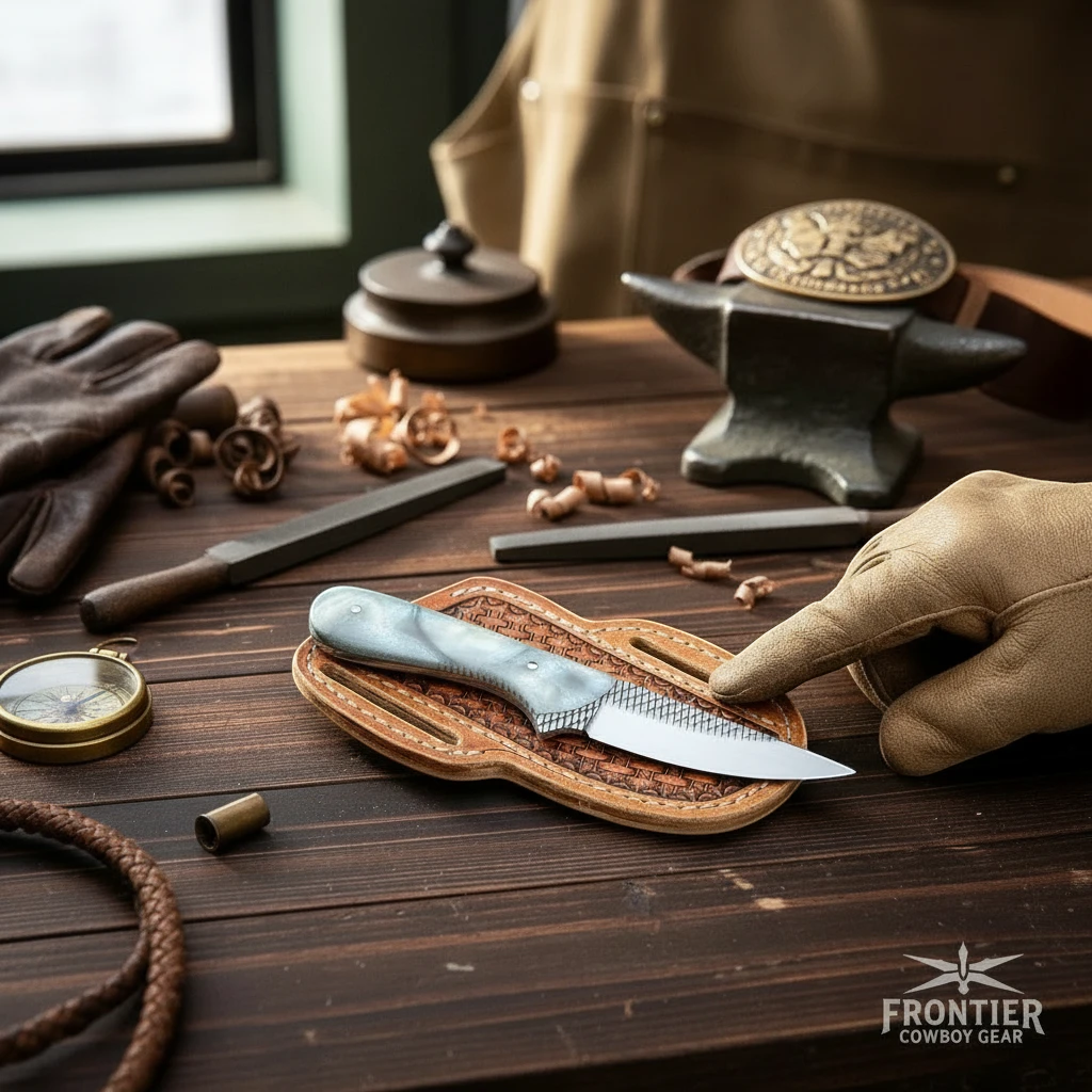 The Silver Spur – Custom Handmade Farrier Rasp Steel Knife with Pearl Resin Handle & Leather Sheath