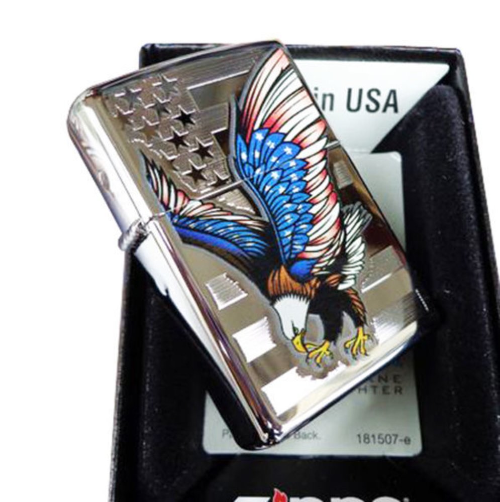 Zippo American Flag Eagle, High Polish Chrome Lighter #28449