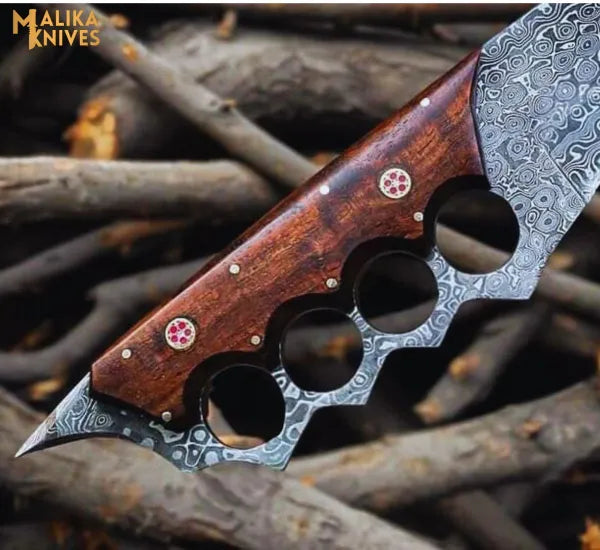 Knuckle Bowie Knife Damascus Steel Rosewood Handle