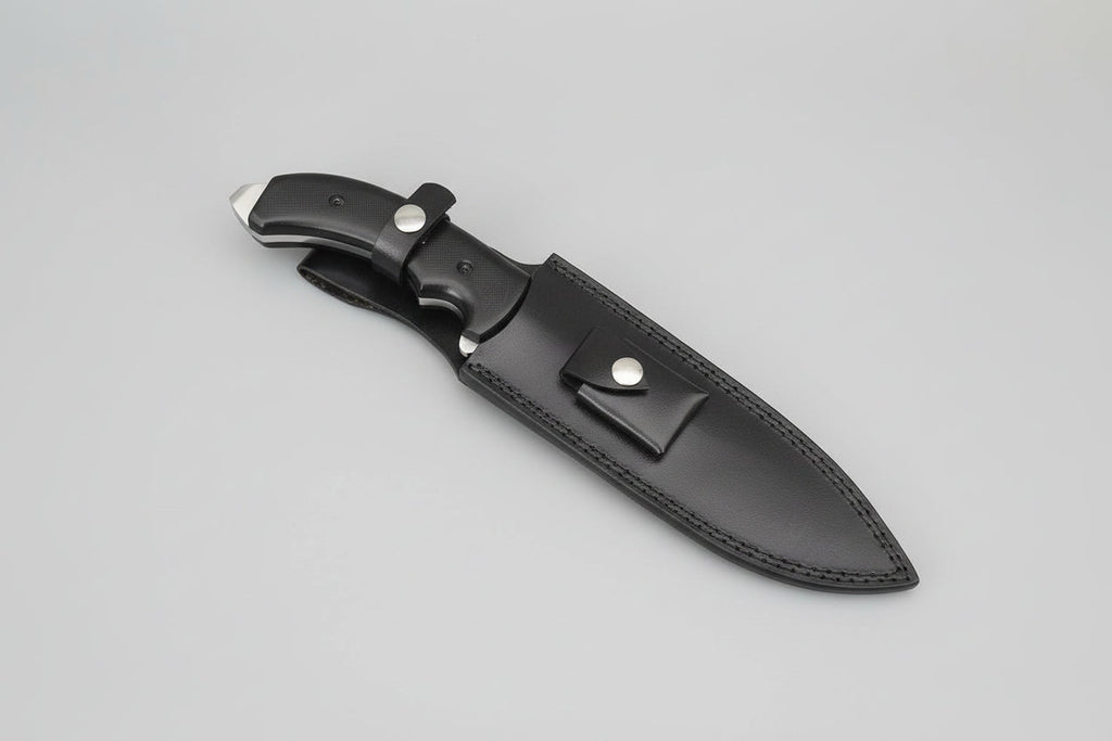 Spear point Bowie knife with D2 steel blade, G10 Micarta handle, featuring a simple design by MALIKA KNIVES.