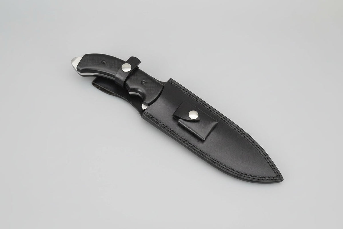Spear point Bowie knife with D2 steel blade, G10 Micarta handle, featuring a simple design by MALIKA KNIVES.