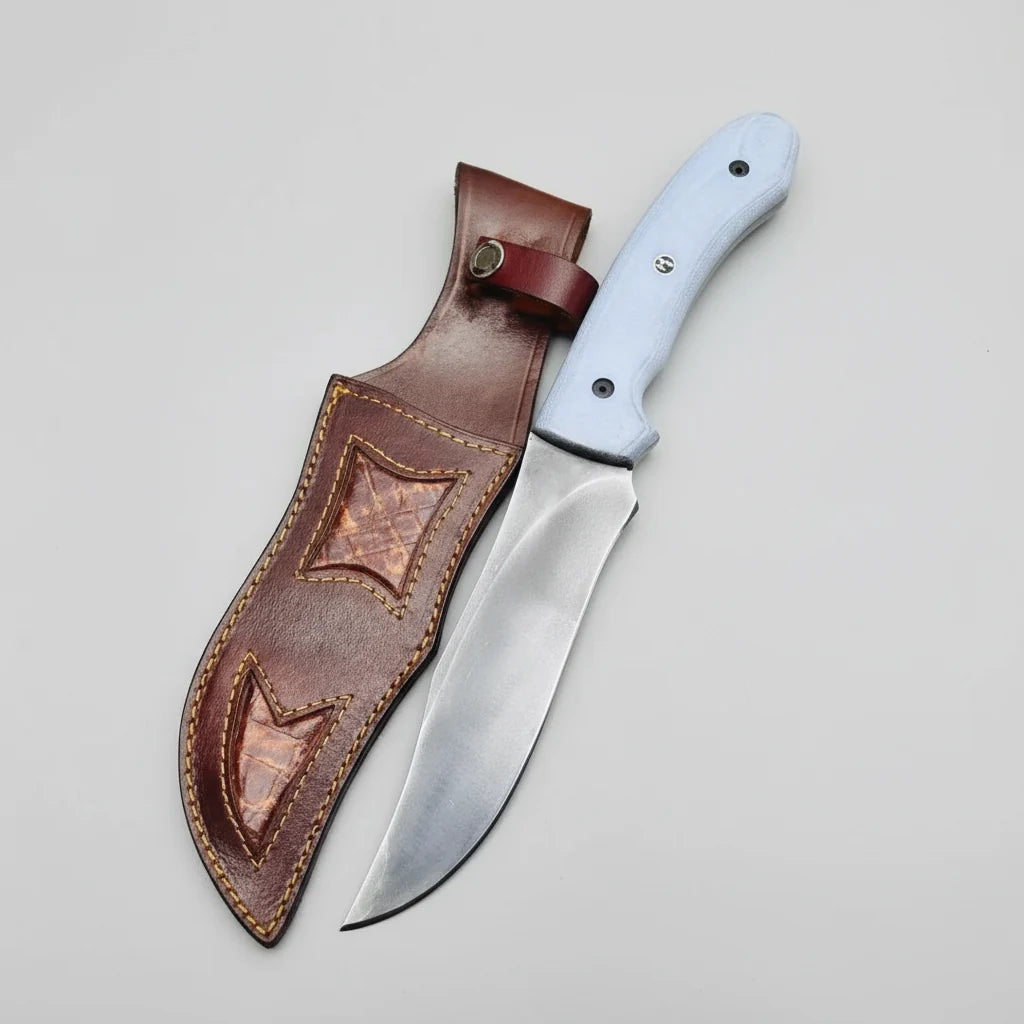 Malika Knives Big Foot Bowie Knife with D2 steel blade and G10 handle, featuring a rugged, large hunting knife design.