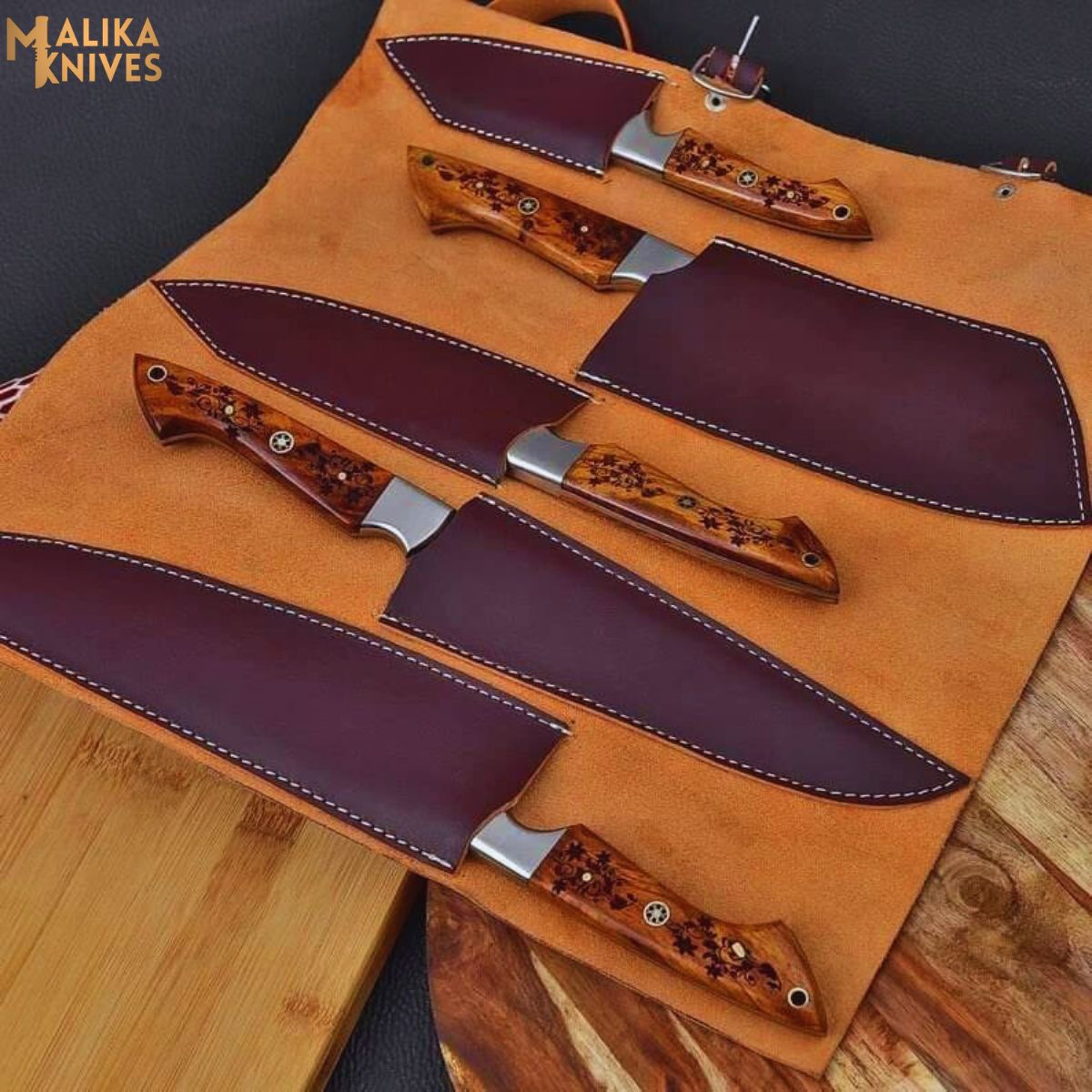 Set of three MALIKA KNIVES with sleek handles and sharp blades, perfect for professional and home cooking.