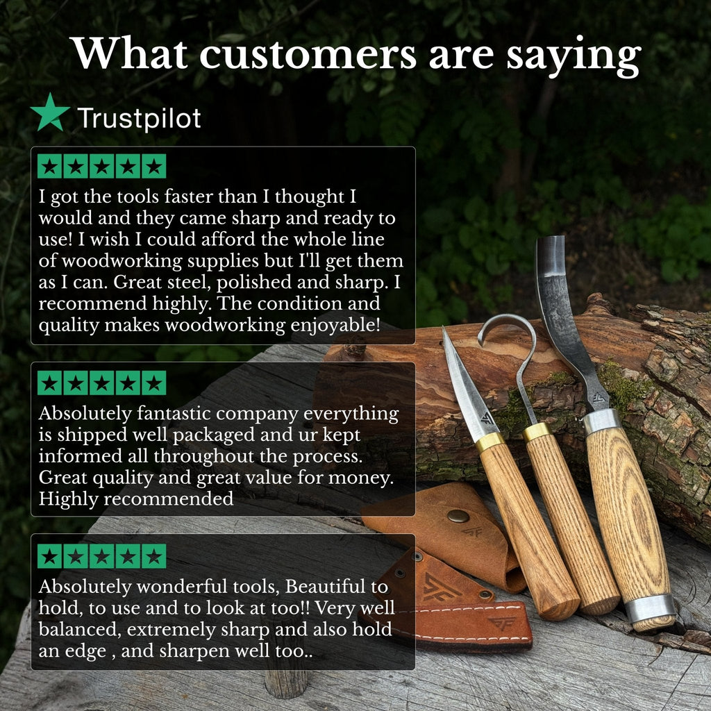 Three-piece spoon carving tool set by Sharky Forged Steel Tools, featuring durable steel carving tools with ergonomic handles.
