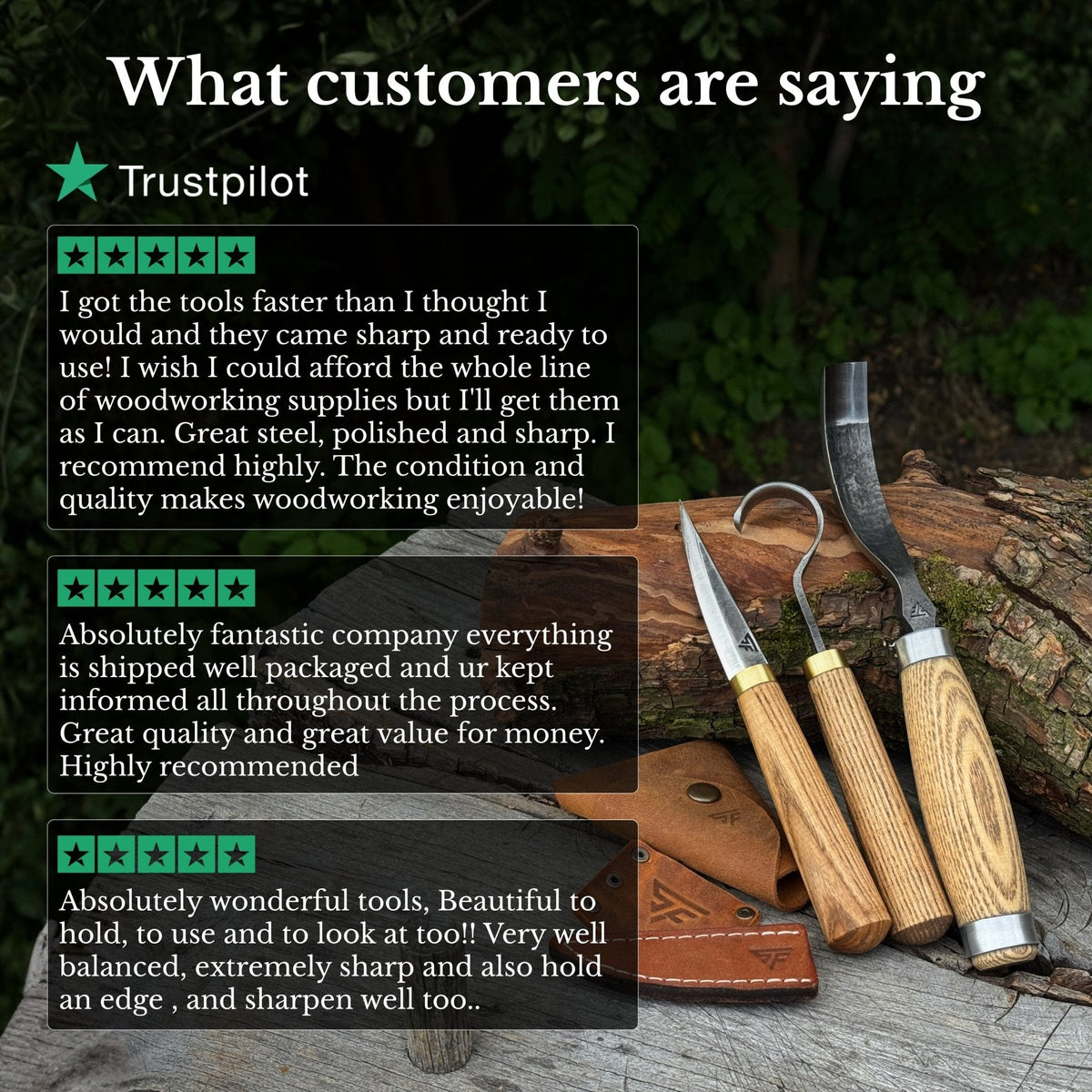 Three-piece spoon carving tool set by Sharky Forged Steel Tools, featuring durable steel carving tools with ergonomic handles.