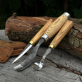 Three-piece spoon carving tool set by Sharky Forged Steel Tools, featuring precision carving tools for woodwork.