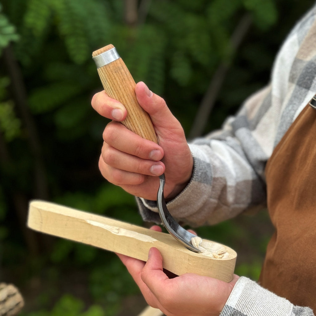 Three-piece spoon carving tool set by Sharky Forged Steel Tools, featuring durable forged steel tools for woodworking and carving.