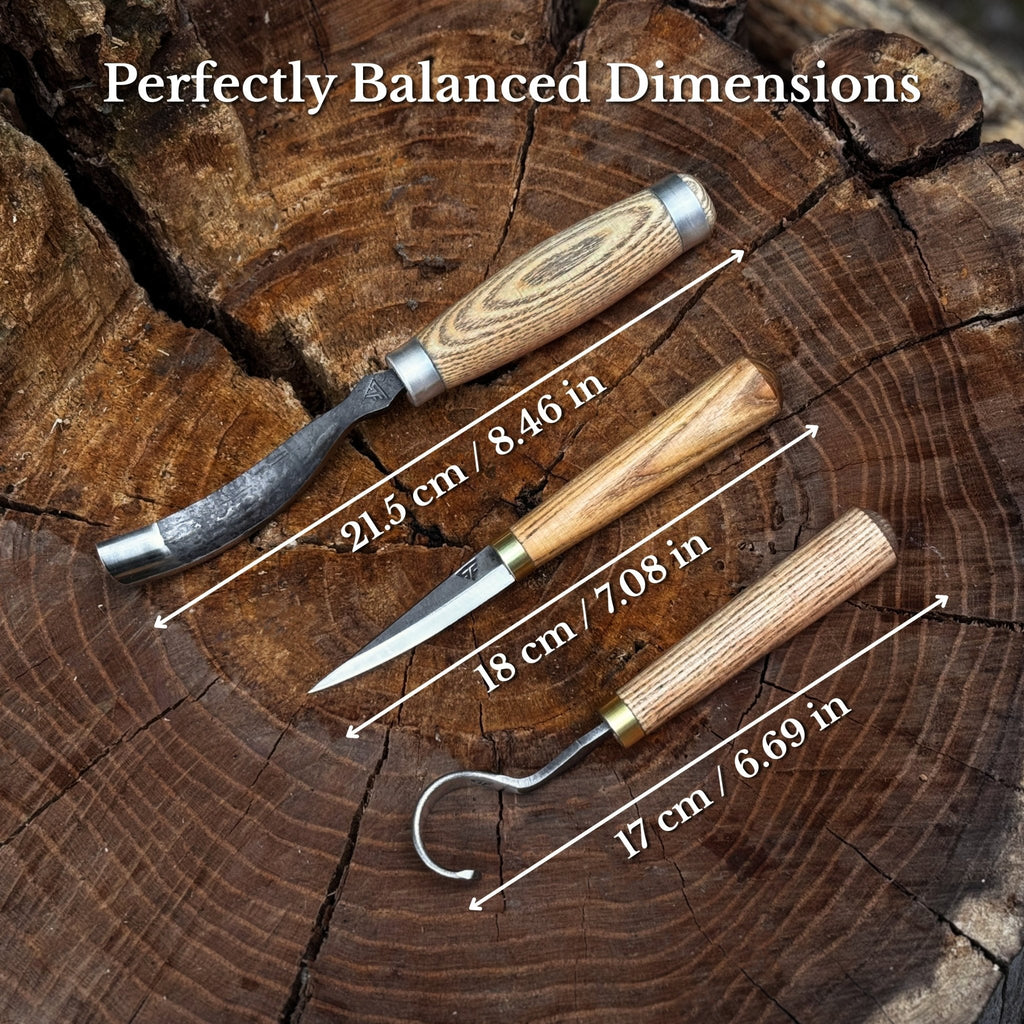 Three-piece Sharky Forged Steel Tools spoon carving set with wooden handles, ideal for detailed wood carving projects.