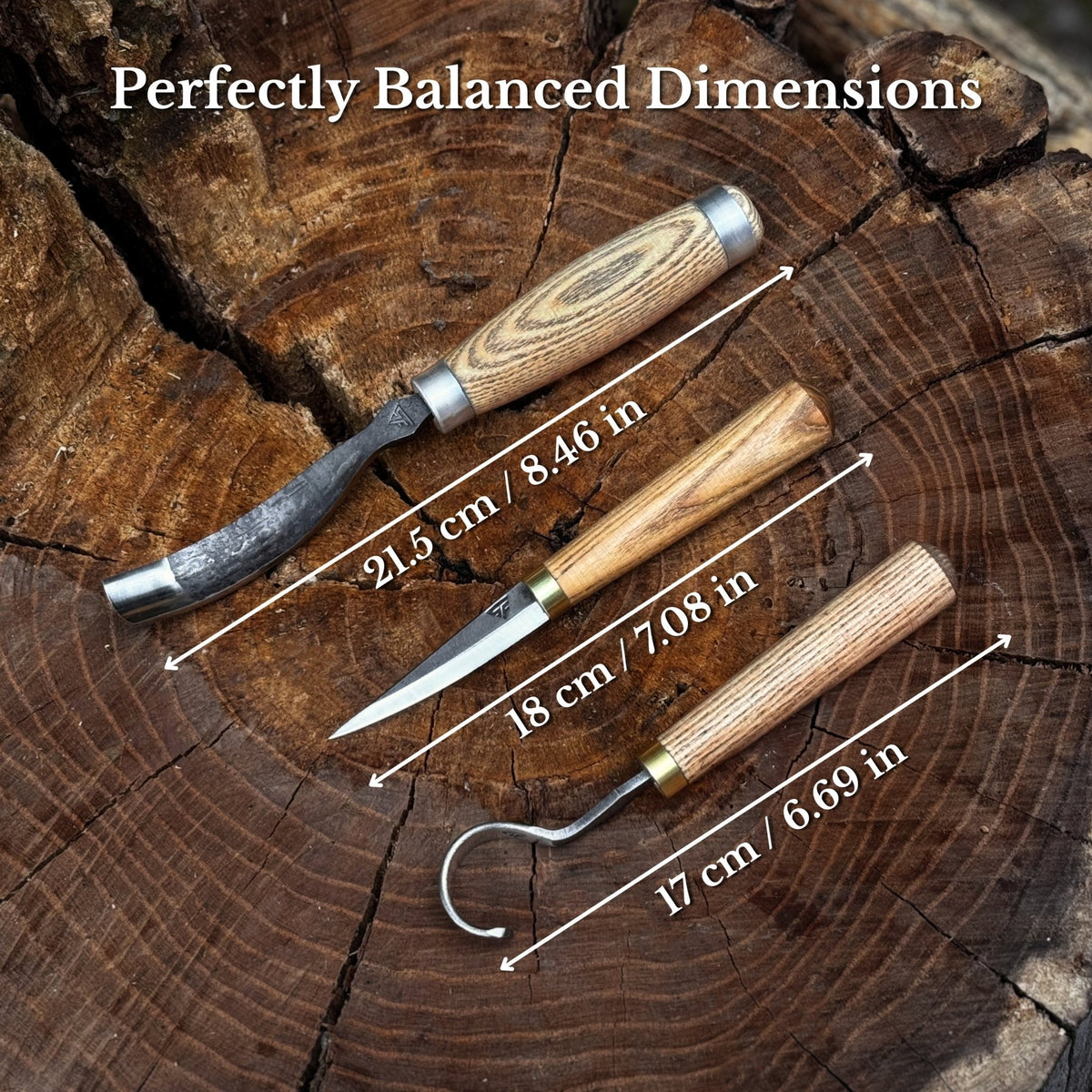Three-piece Sharky Forged Steel Tools spoon carving set with wooden handles, ideal for detailed wood carving projects.