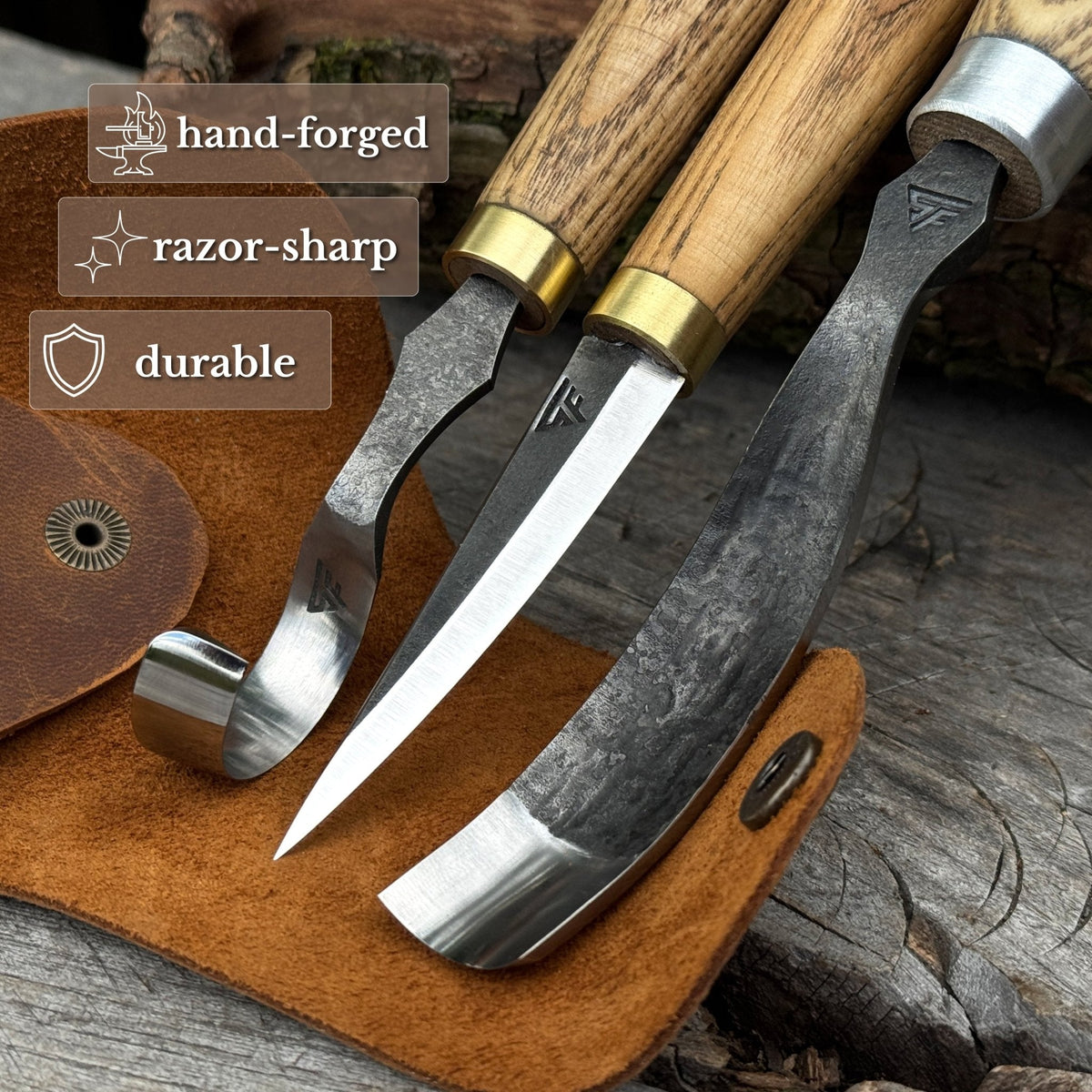Three-piece Sharky Forged Steel Tools spoon carving set with wooden handles, showing detailed craftsmanship and diverse carving tools.