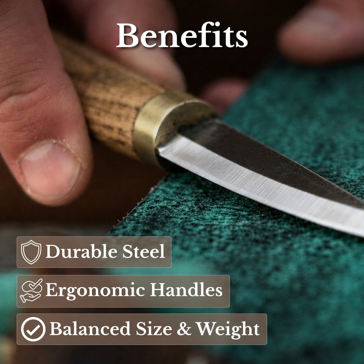 Three-piece spoon carving tool set by Sharky Forged Steel Tools featuring wooden handles and stainless steel blades for woodworking.