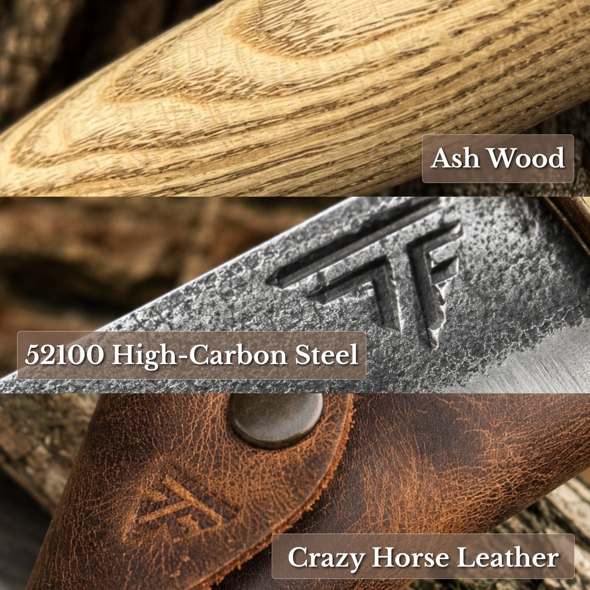 Set of three spoon carving tools from Sharky Forged Steel Tools, showcasing ergonomic handles and sharp blades for wood carving.