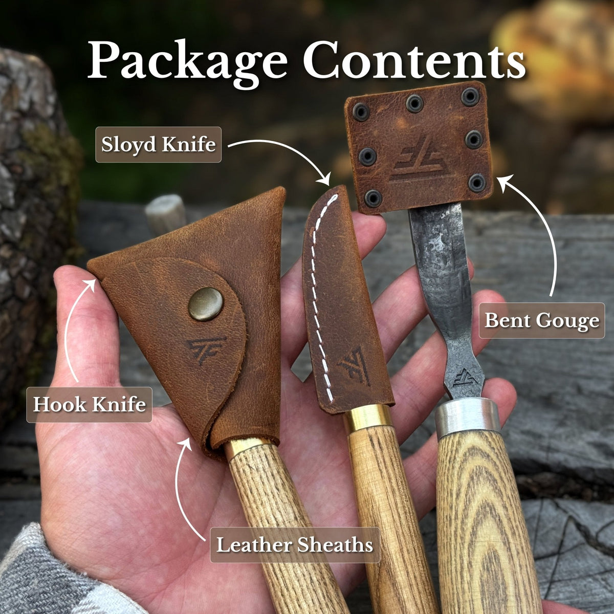 Three-piece spoon carving tool set by Sharky Forged Steel Tools, featuring precision carving tools with wooden handles.