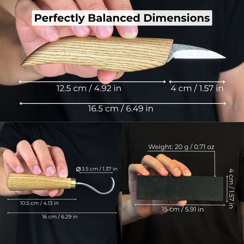 3-Piece Wood Carving Knife Set – Whittling Knife, Hook Knife & Leather Strop
