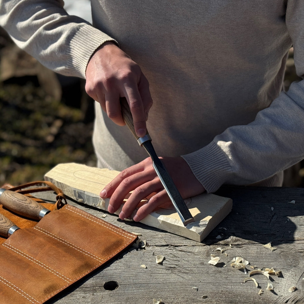 Wood carving with Sharky Forged Steel Tools chisel - Relic & Reel