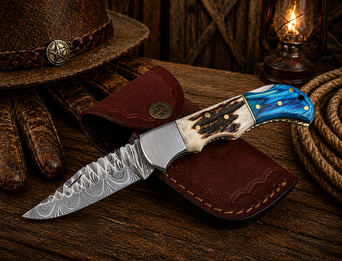 Hand-forged Damascus pocket knife by SHAM KNIVES featuring an engraved blade, stag horn, and blue Pakka wood handle.