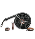 Black leather bullwhip from Knives Gear Garage, handcrafted cowhide whip in lengths from 4 to 16 feet, showing the textured handle and lash