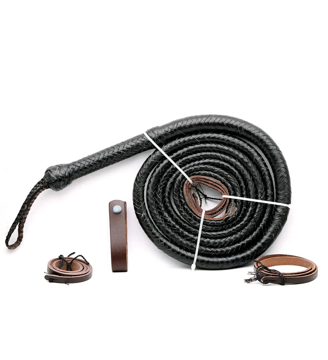Black leather bullwhip from Knives Gear Garage, handcrafted cowhide whip in lengths from 4 to 16 feet, showing the textured handle and lash