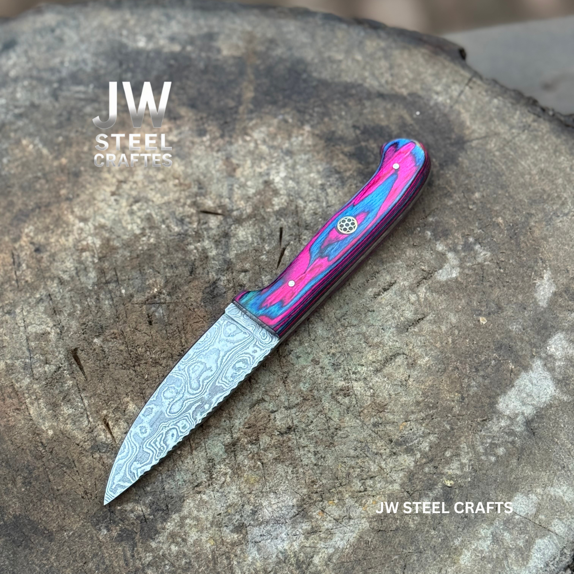 Twilight Resin Bushcraft Knife 8" Pink & Blue Pakka Wood Handle | JW SteelCrafts