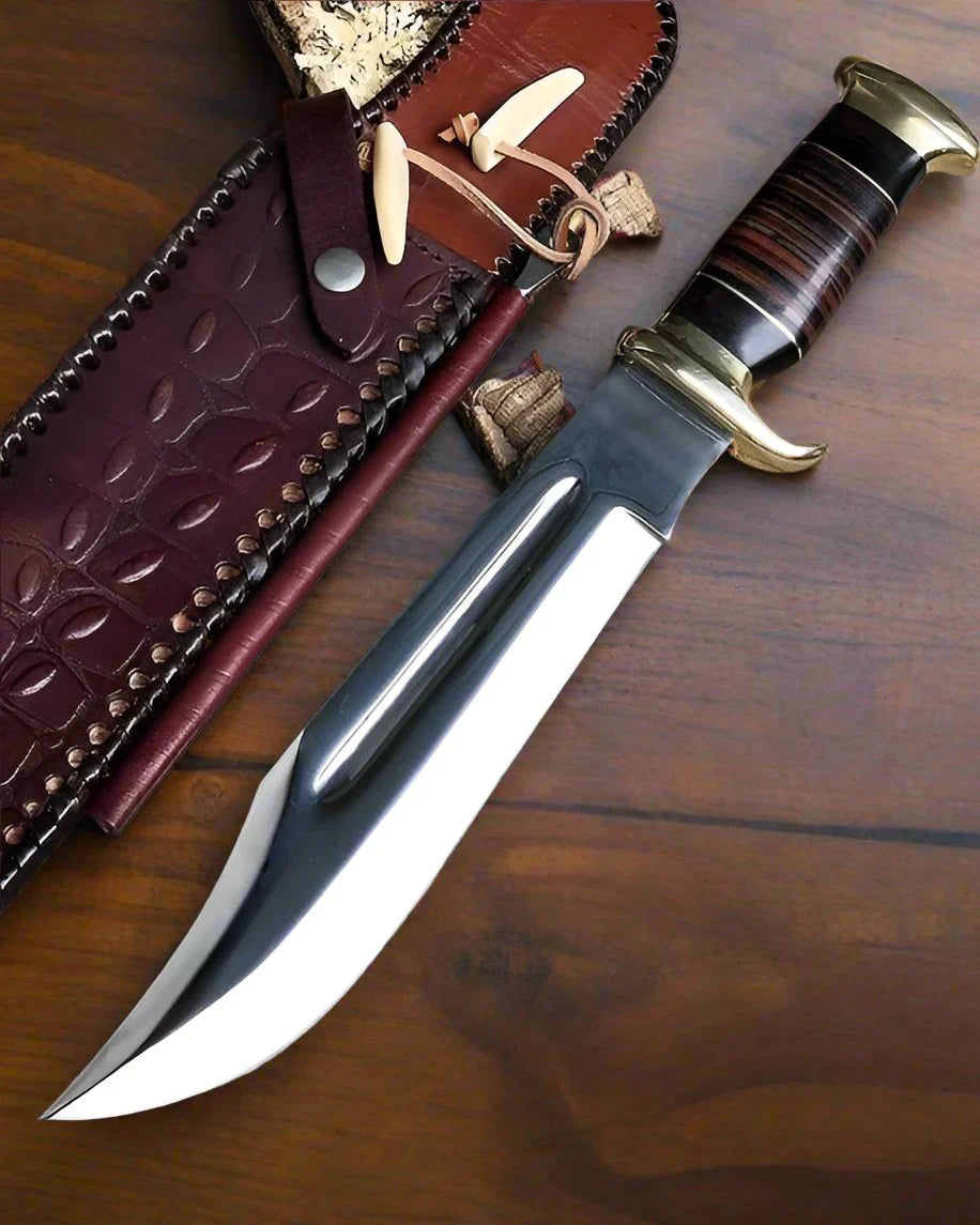 Custom handmade D2 steel Dundee Bowie knife with buffalo horn handle and leather grip, shown with sheath.