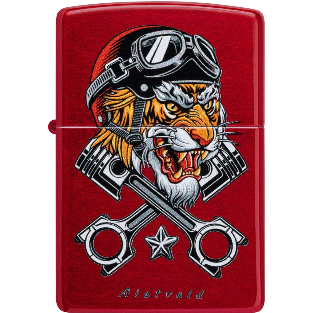 Zippo Rietveld Biker Tiger, Candy Apple Red Lighter #46934
