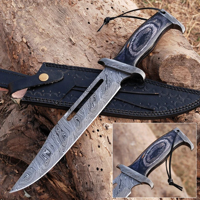 Custom handmade Damascus steel Rambo Bowie knife with brass wood handle and leather sheath on display.