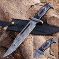 Custom handmade Damascus steel Rambo Bowie knife with brass wood handle and leather sheath on display.