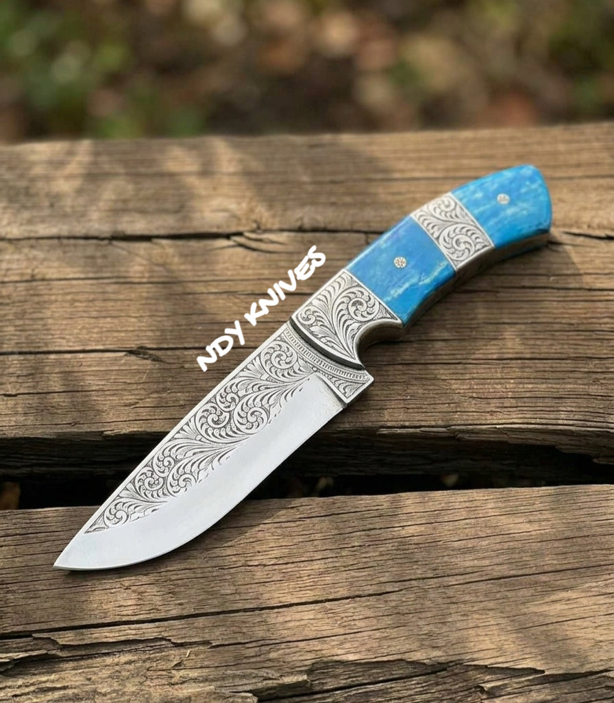 Hand-Engraved J2 Stainless Collector Knife – Dyed Camel Bone