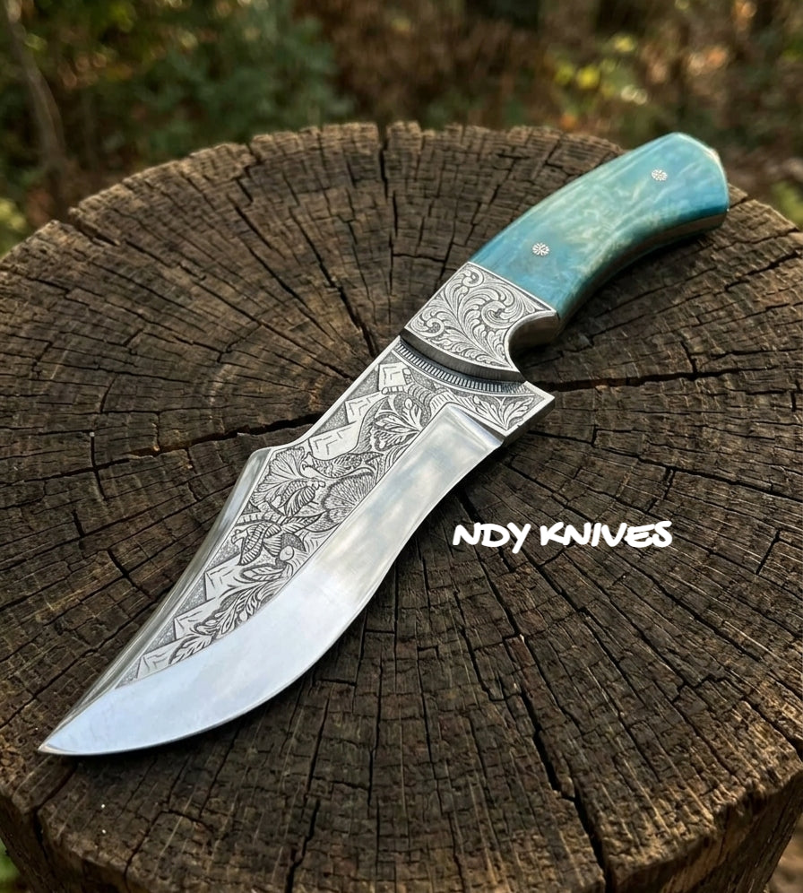 10.5" Hand-Engraved J2 Stainless Collector Knife – Camel Bone