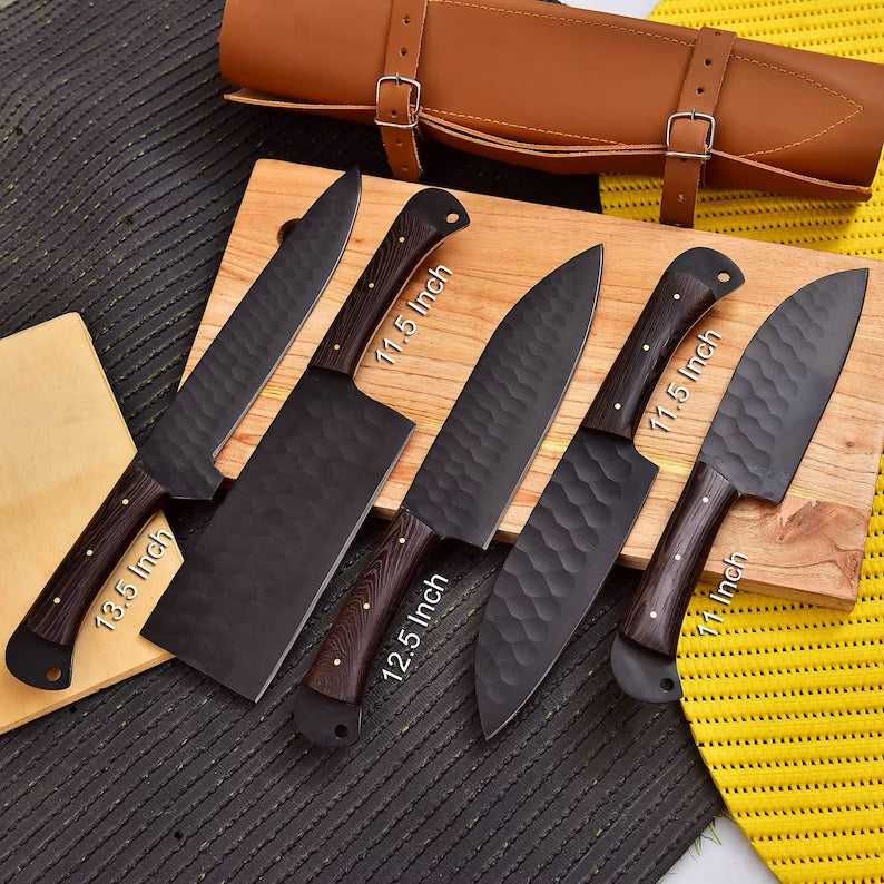 Set of Knives Gear Garage kitchen knives including chef's, paring, and bread knives displayed on a wooden block.