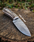 8" Hand-Forged Damascus Steel Skinner Knife – Professional Deep-Belly Blade with Authentic Stag Handle & Leather Sheath