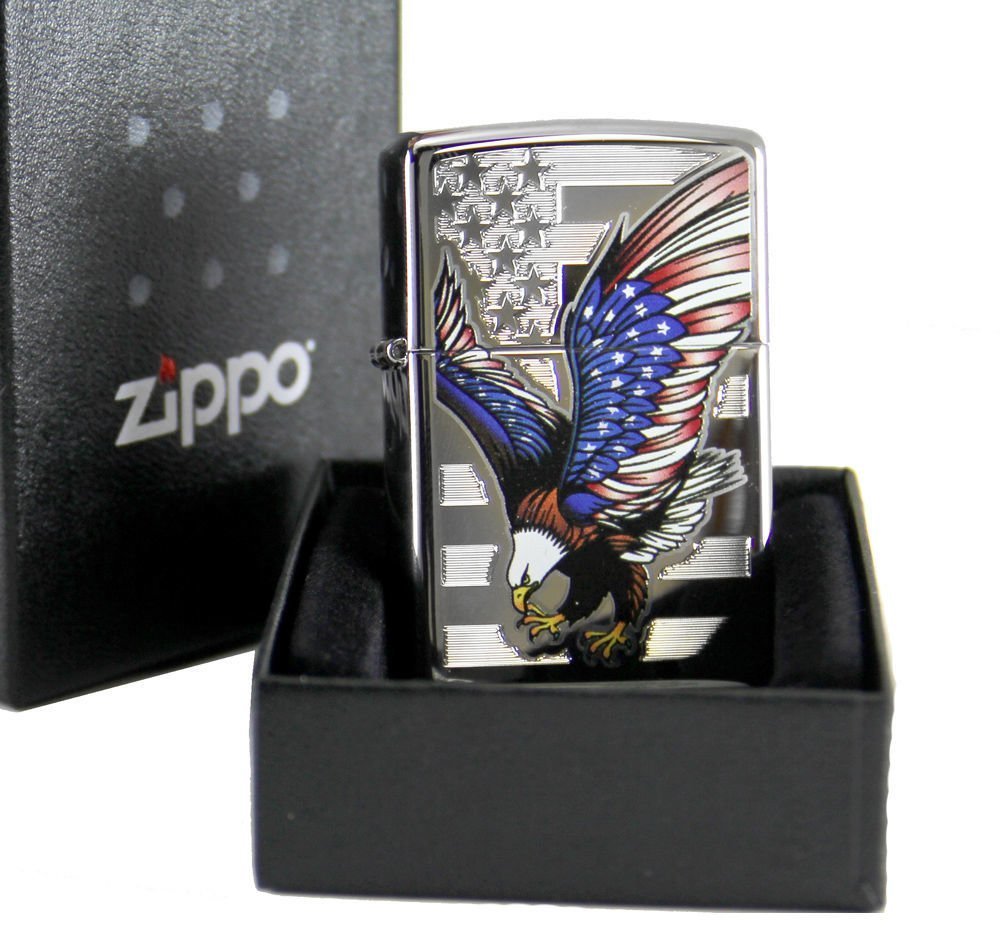 Zippo American Flag Eagle, High Polish Chrome Lighter #28449